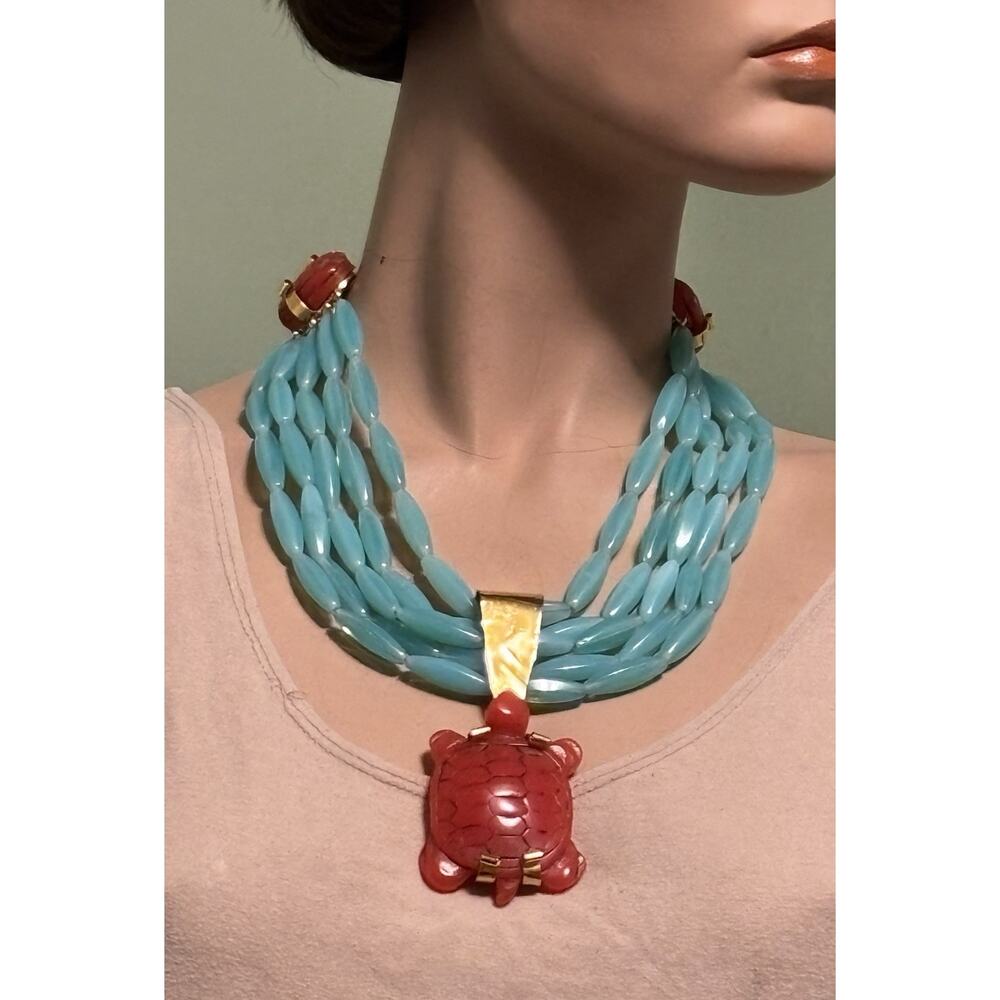 Philippe Ferrandis Paris Aqua Glass w/Red Resin TURTLE/SCARABS NECKLACE